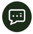 White chat bubble with three dots and a colon on a dark green circle icon
