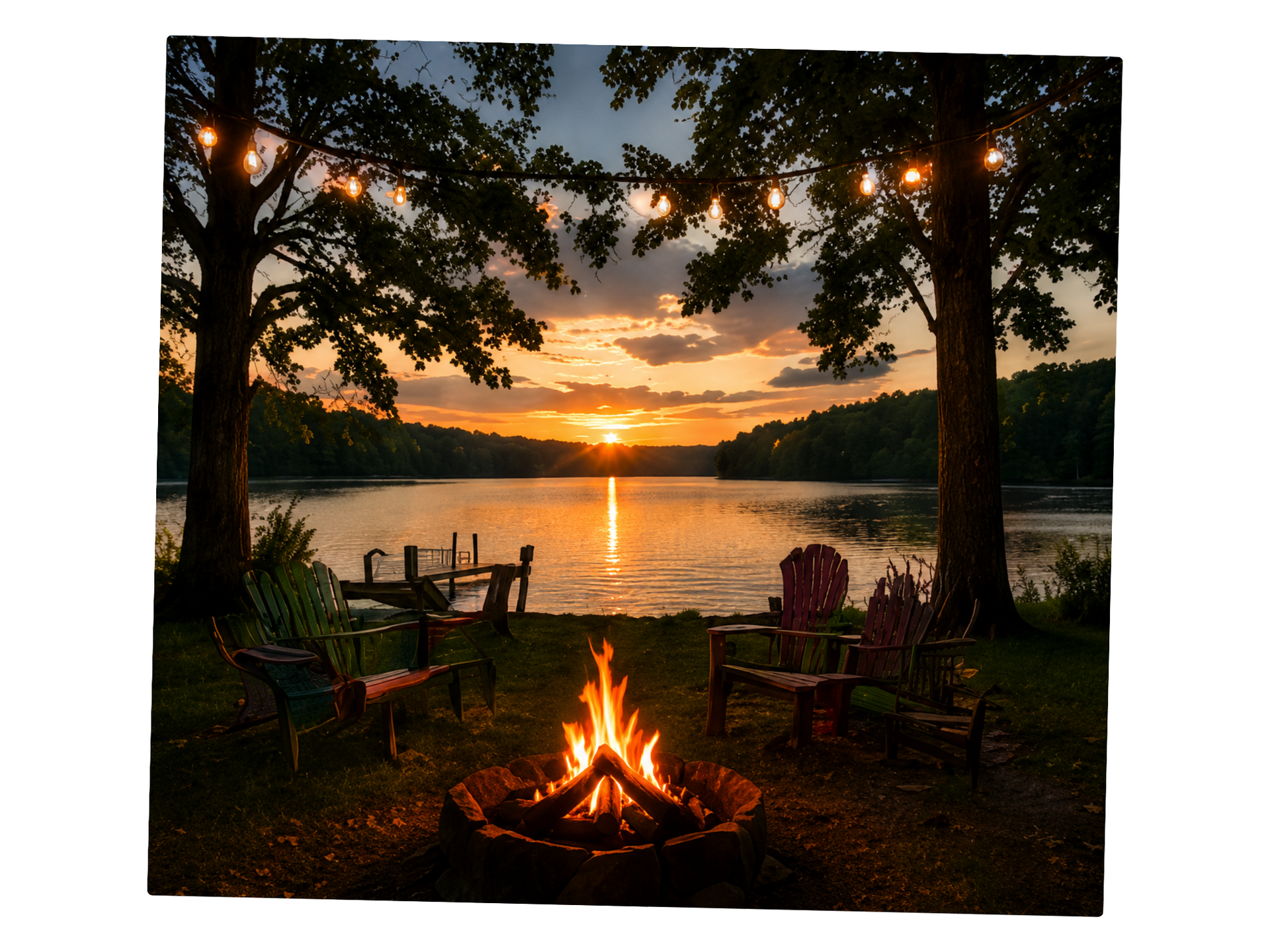 Campfire by a lakeside at sunset, with string lights, chairs, and a dock silhouetted in warm orange light