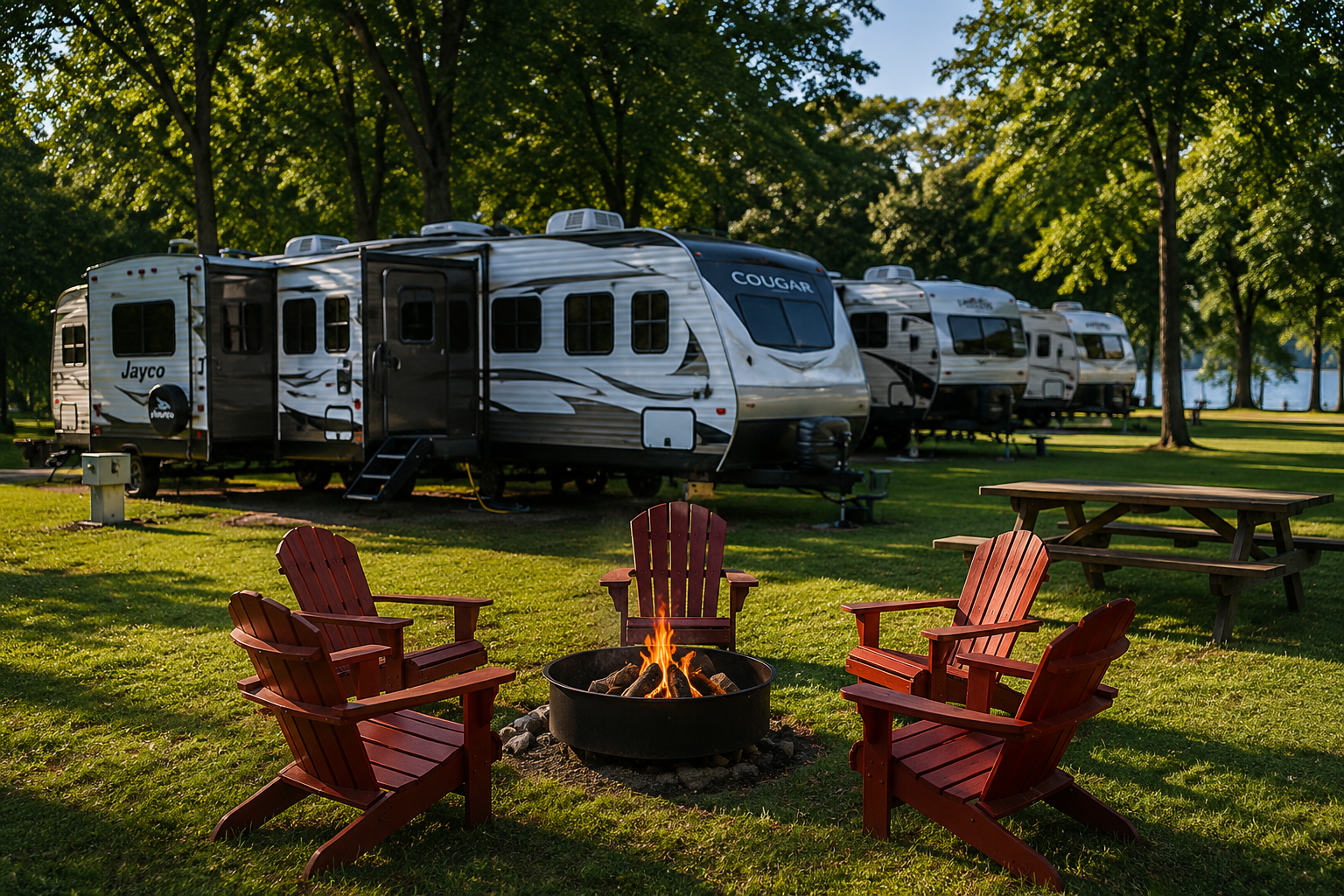 RV campsite with red chairs around a fire pit under trees by a lake