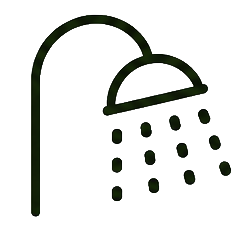 Black outline icon of a shower head spraying water