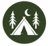 White tent, pine trees, and crescent moon on a dark green circle logo.