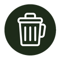White trash bin icon on a dark green circle background