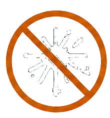 Orange no-entry symbol with a diagonal slash over a gray burst icon