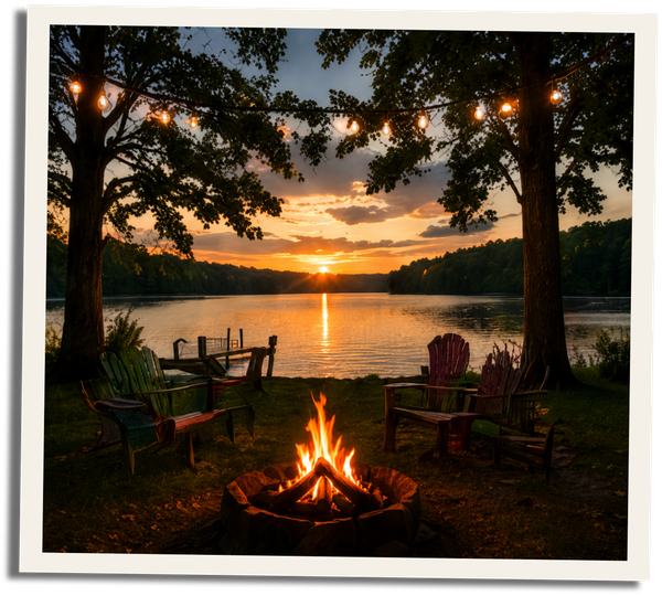 Campfire by a lakeside at sunset, with string lights between trees and chairs facing the water