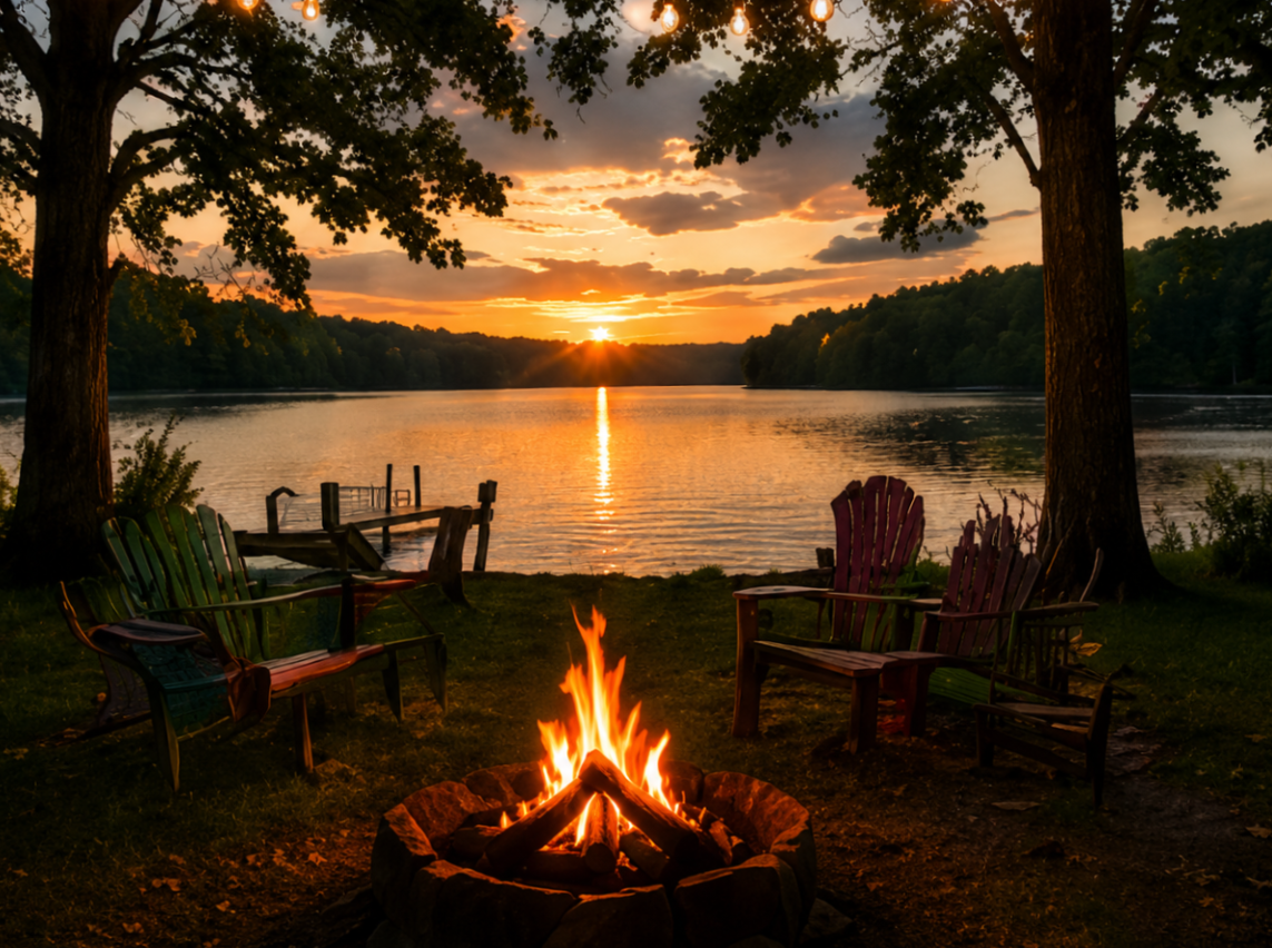 Campfire by a lake at sunset, with chairs on a wooded shoreline and orange sky reflected in the water.