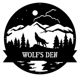 Black-and-white Wolf’s Den logo with mountains, pine trees, wolf silhouette, and moonlit night sky