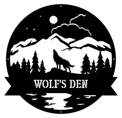 Black-and-white Wolf’s Den logo with mountains, pine trees, wolf silhouette, and moonlit night sky