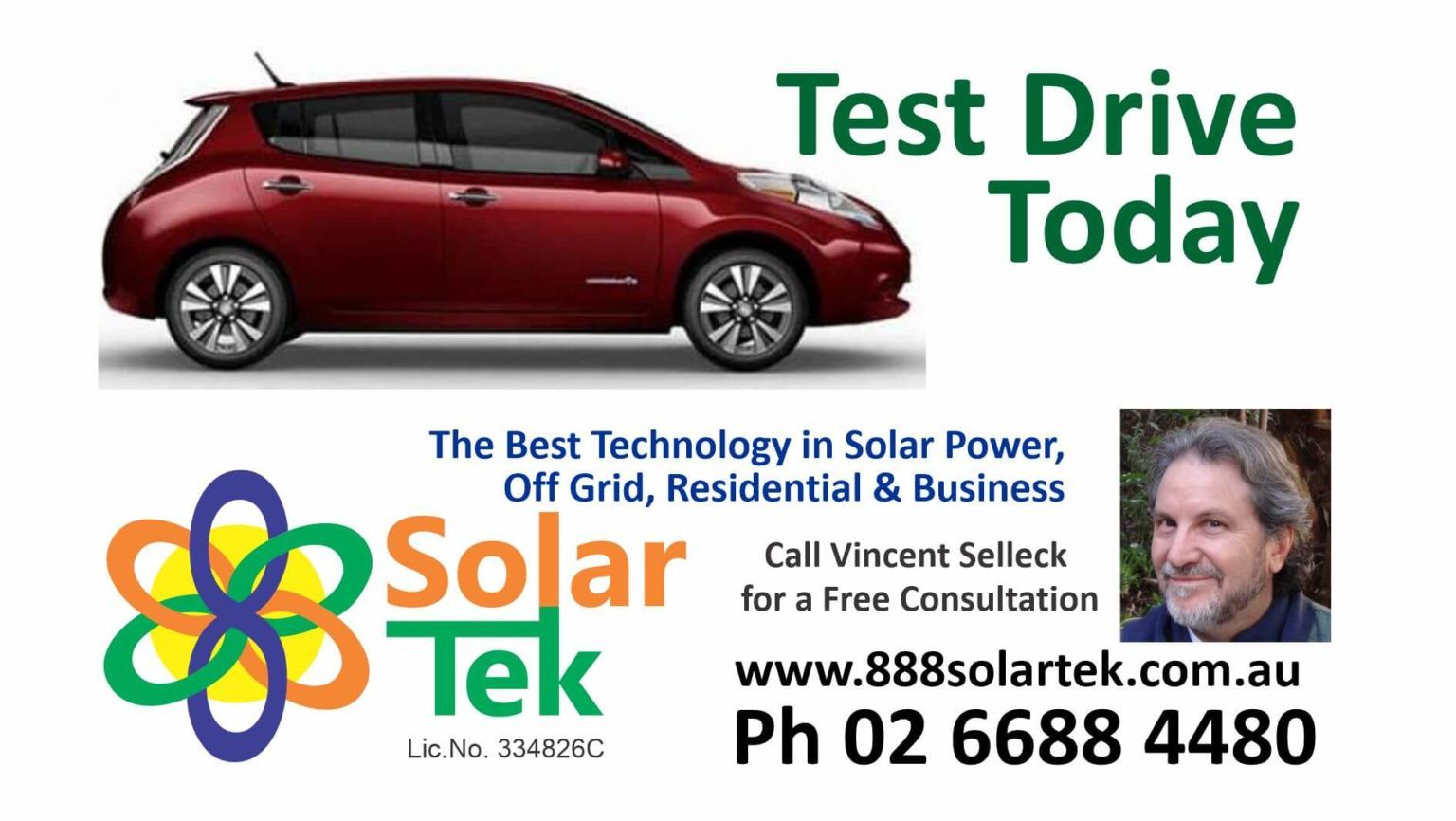 A Red Car With the Words Test Drive Today on It — 888 Solar Tek in Federal, NSW