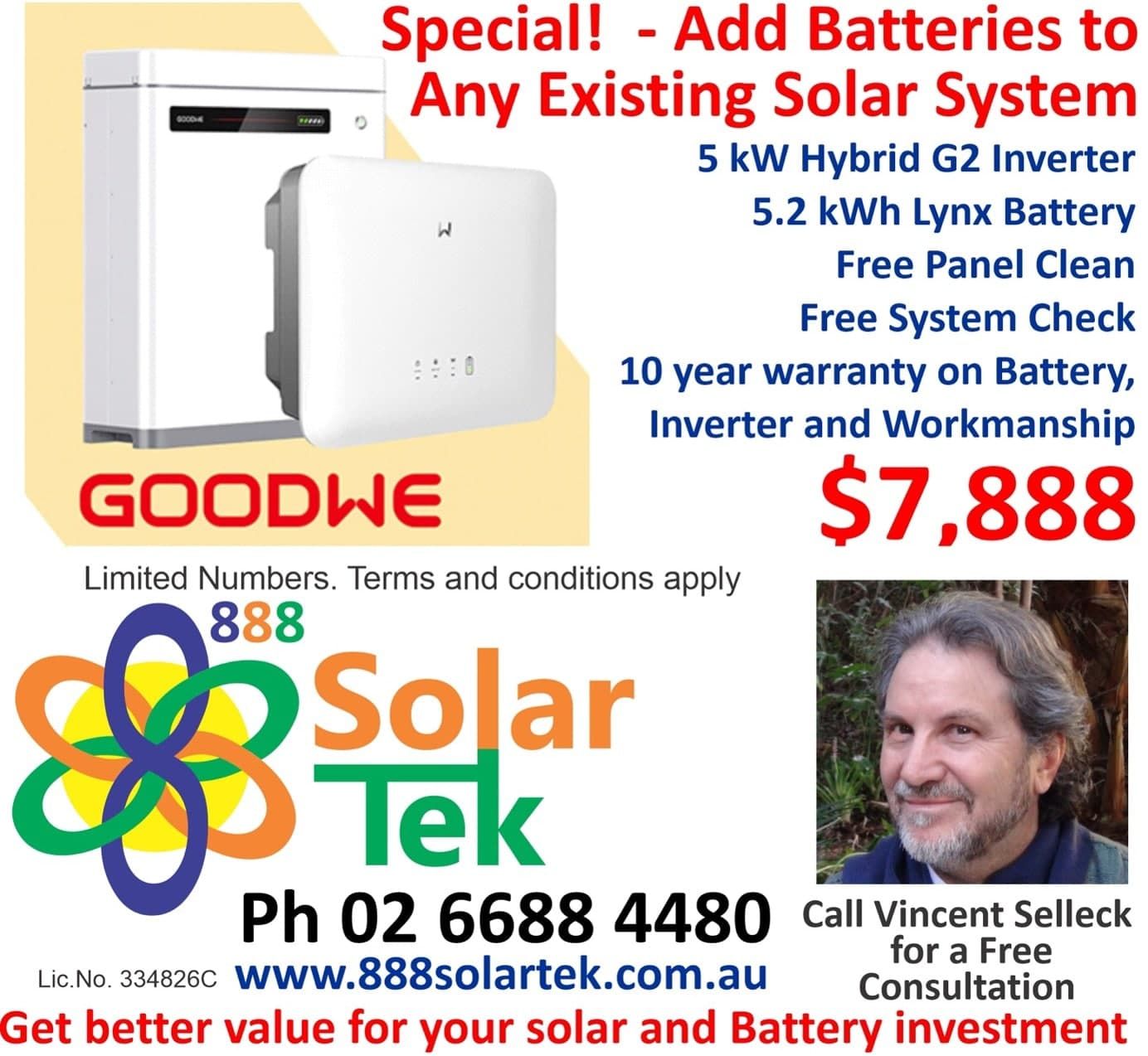 An Ad for 888 Solar Tek That Says Special Add Batteries to Any Existing Solar System — 888 Solar Tek in Federal, NSW