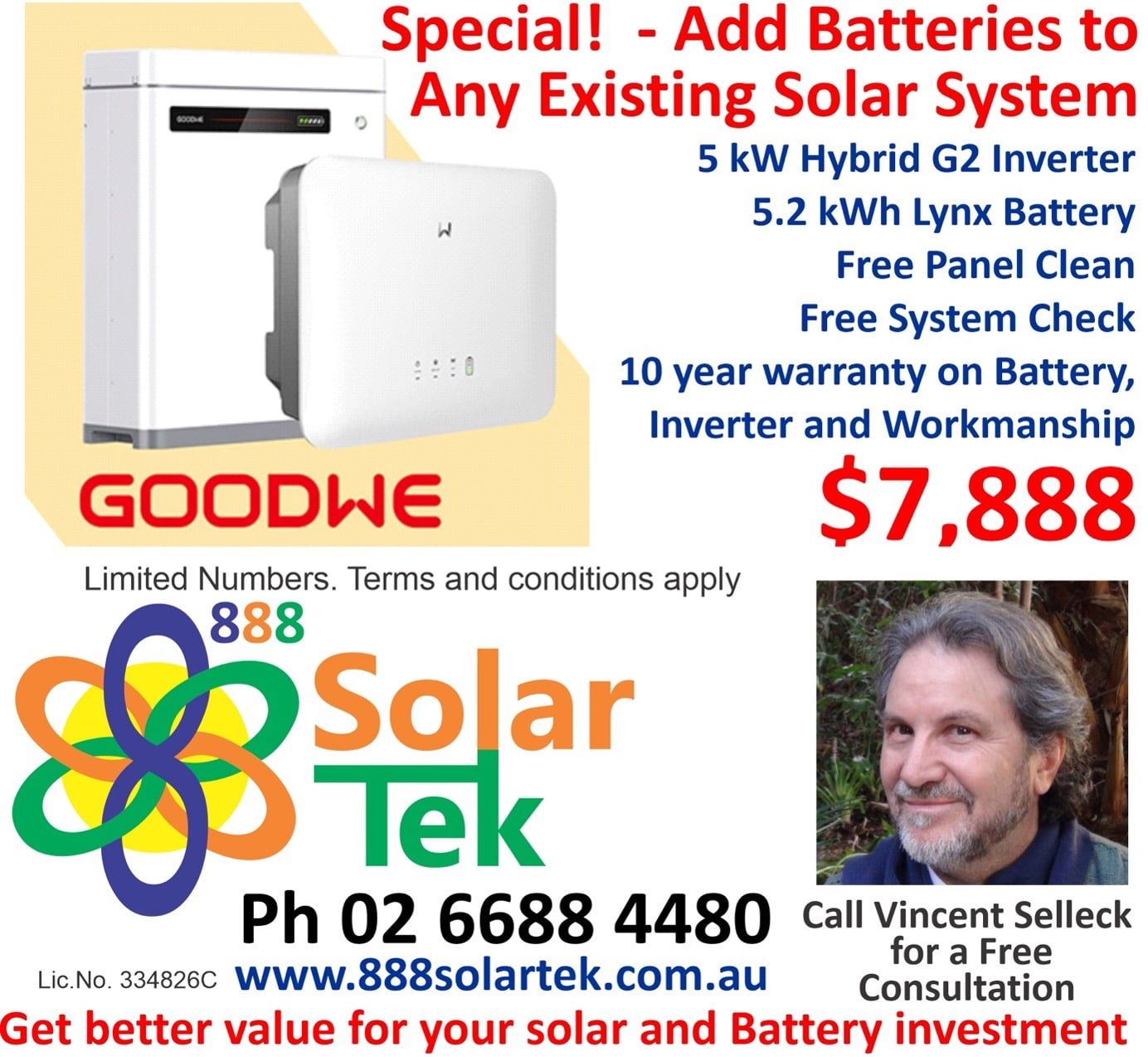 An Ad for 888 Solar Tek That Says Special Add Batteries to Any Existing Solar System — 888 Solar Tek in Federal, NSW