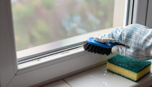 Gloved hand cleaning a white window sill with a sponge and brush beside the window