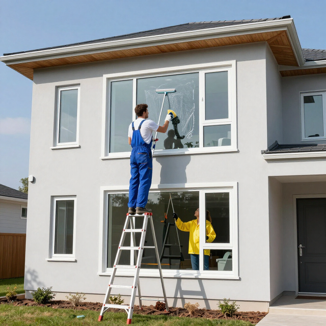 Person on a ladder washing an upper-story window of a modern gray house