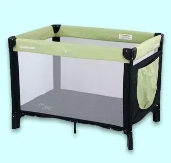 A Green and Black Baby Crib With a Pocket on the Side — Hire All in Tugun, QLD