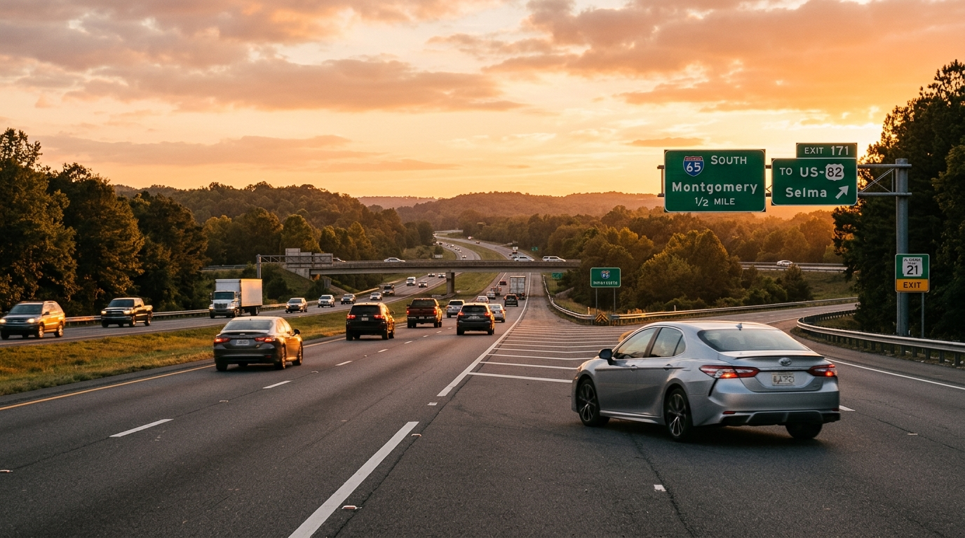 Alabama highway with cars driving under a sunny sky, representing state auto insurance requirements