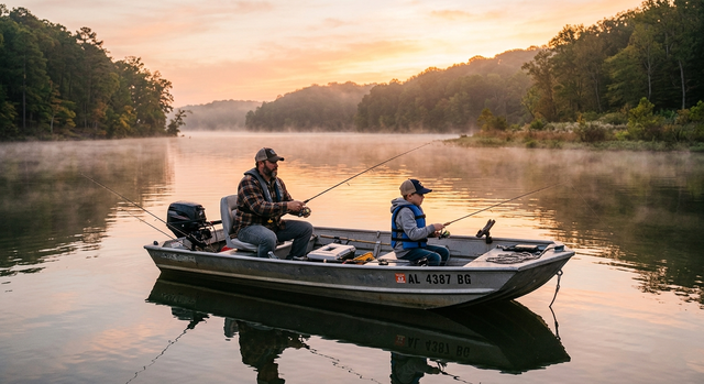 Fishing boat cruising on a calm Alabama lake at sunrise with wooded hills in the background