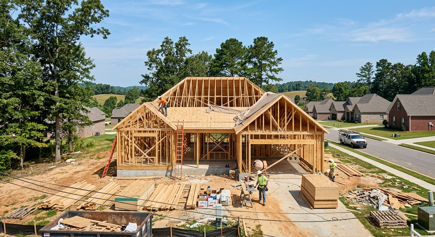 Partially framed wood-structure house under construction on a sunny Alabama day, workers on scaffolding, blue sky background