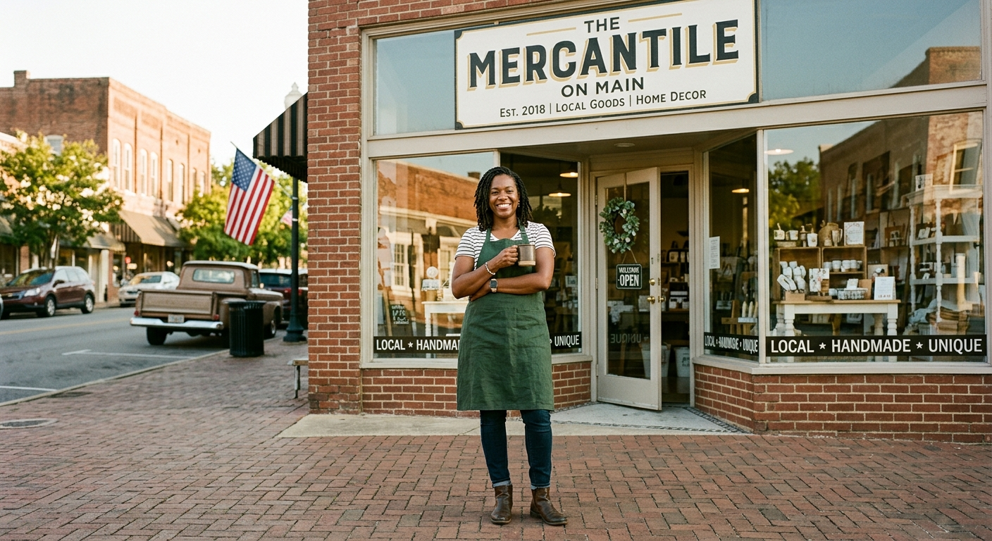 Small business owner reviewing insurance paperwork at a desk inside a retail shop in Alabama