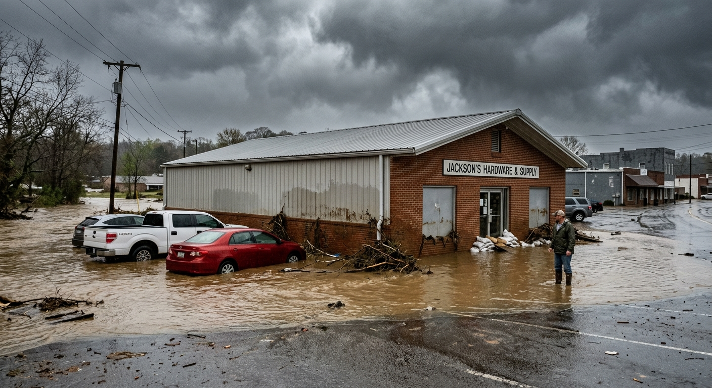Floodwater surrounding a commercial building on a city street in North Alabama after heavy rainfall