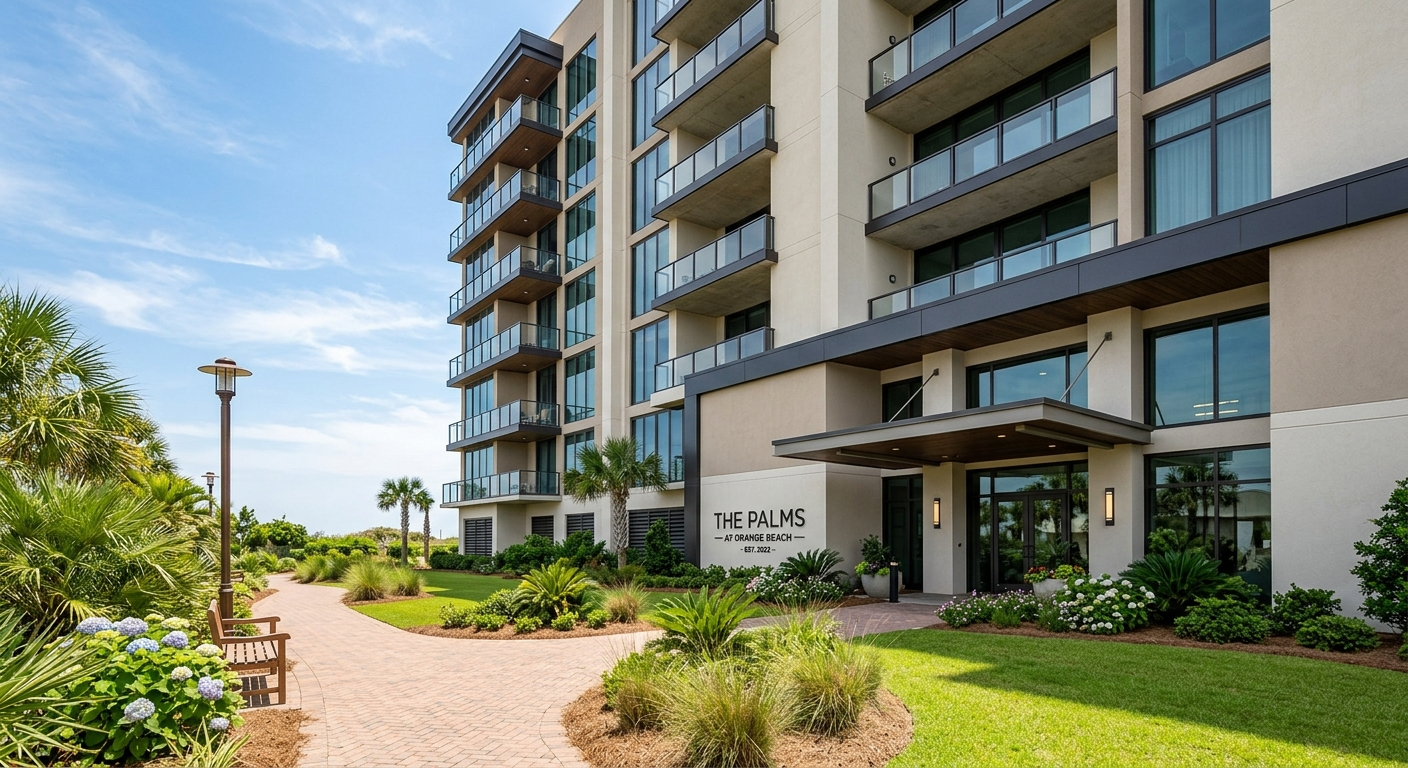 Modern condo building exterior in a North Alabama neighborhood on a sunny day