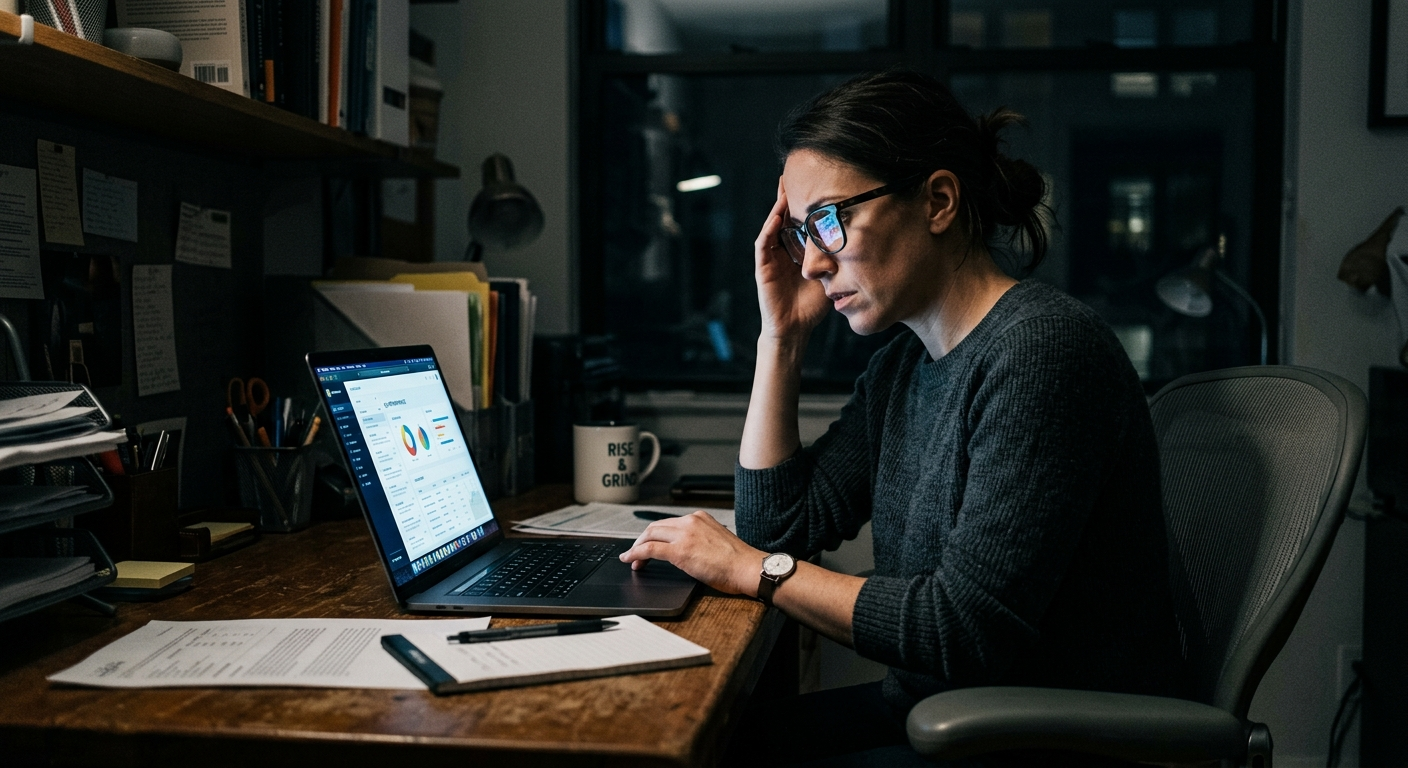 Small business owner at a desk reviewing a laptop screen showing a data security alert in a North Alabama office