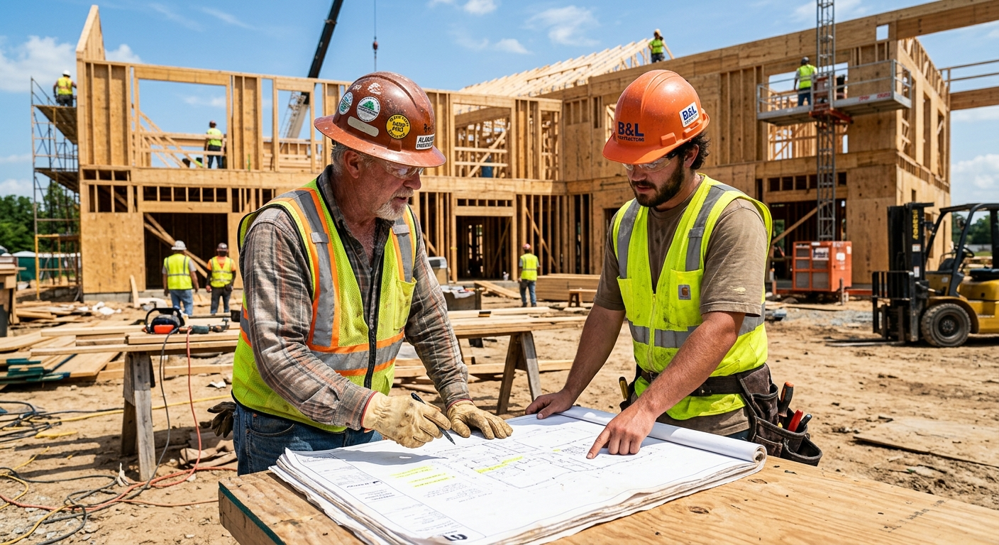 Alabama contractor in a hard hat reviewing blueprints on a residential construction site on a sunny day