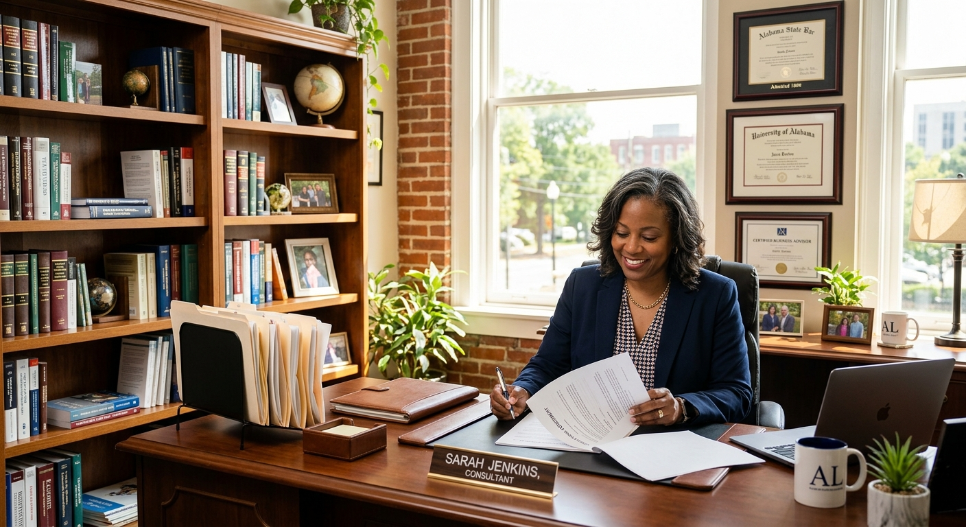 Small business owner reviewing insurance documents at a desk in a North Alabama office