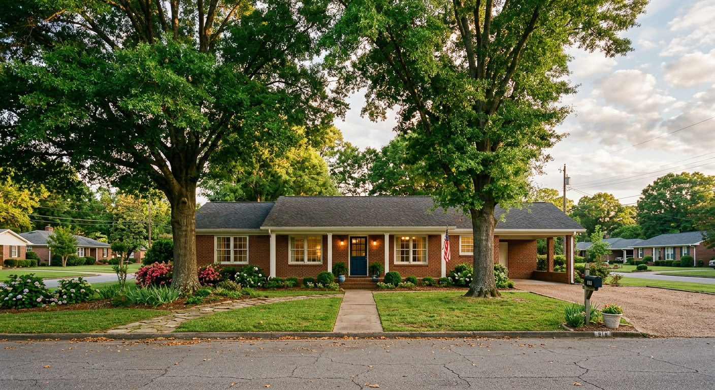 A brick ranch-style home in a Cullman, Alabama neighborhood on a partly cloudy spring day