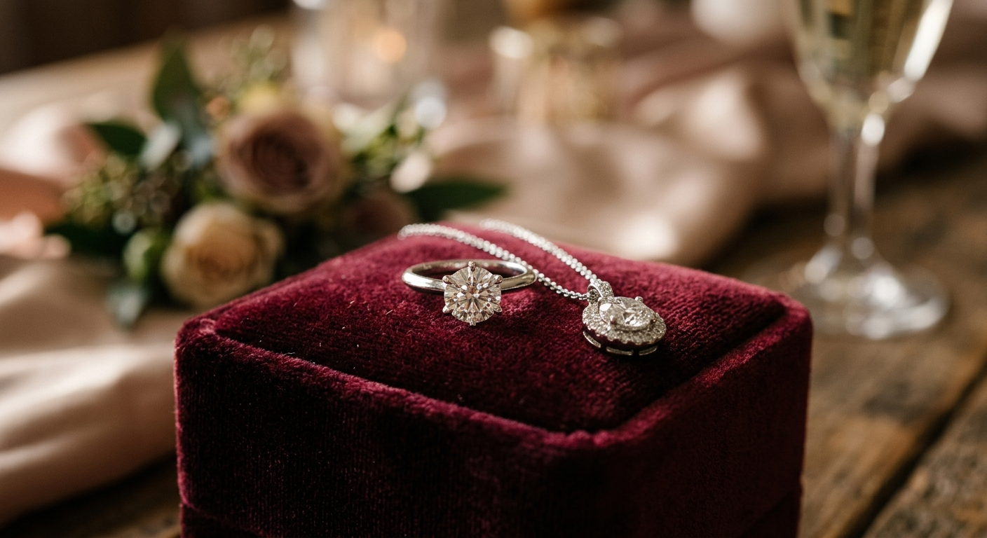 Close-up of a diamond engagement ring and heirloom jewelry pieces resting on a soft white surface