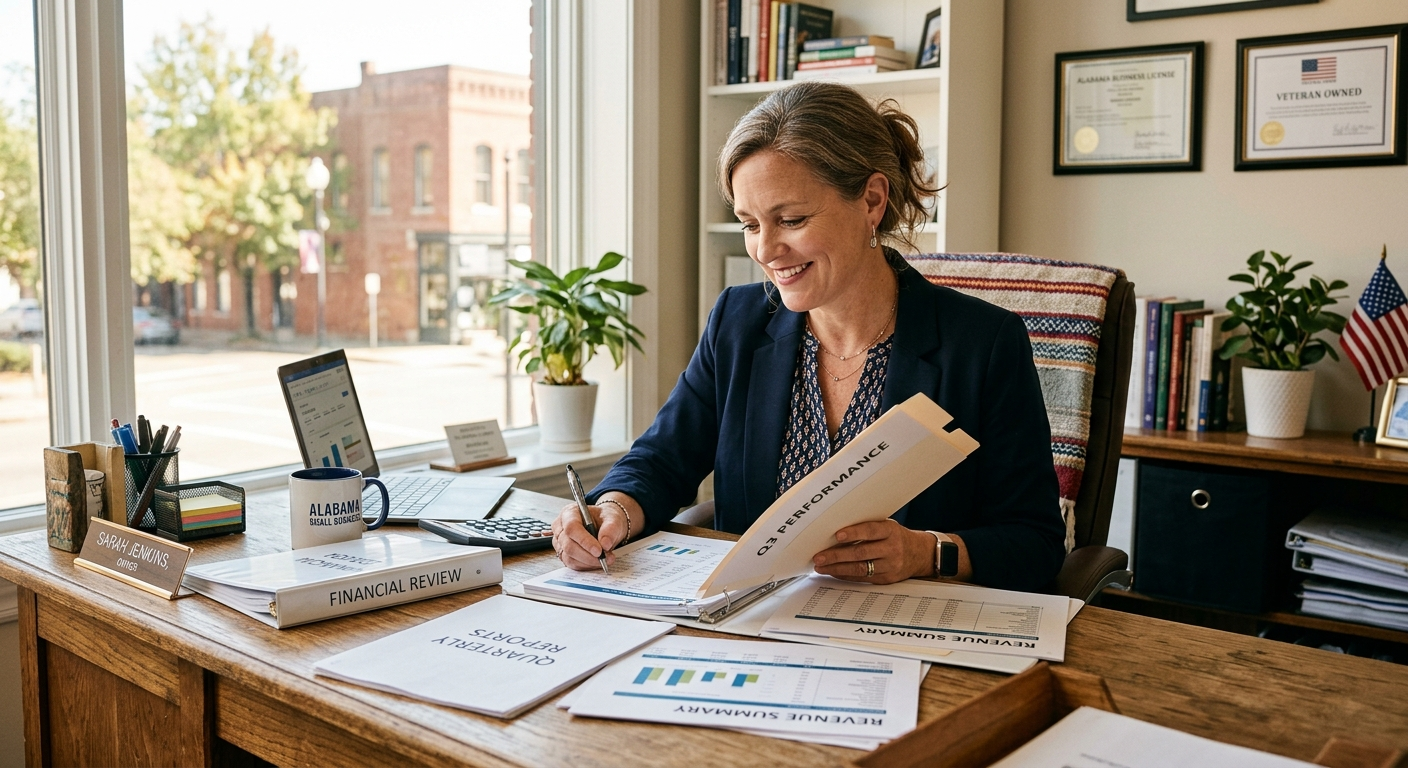 Small business owner at a desk reviewing financial documents and insurance papers in a North Alabama office