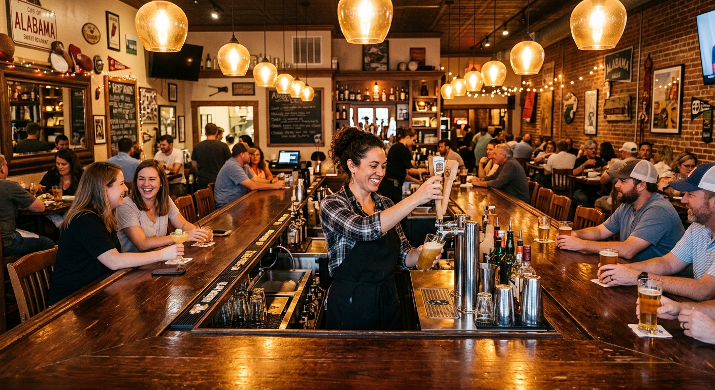 Bartender serving drinks at a busy Alabama bar with shelves of bottles and dim ambient lighting