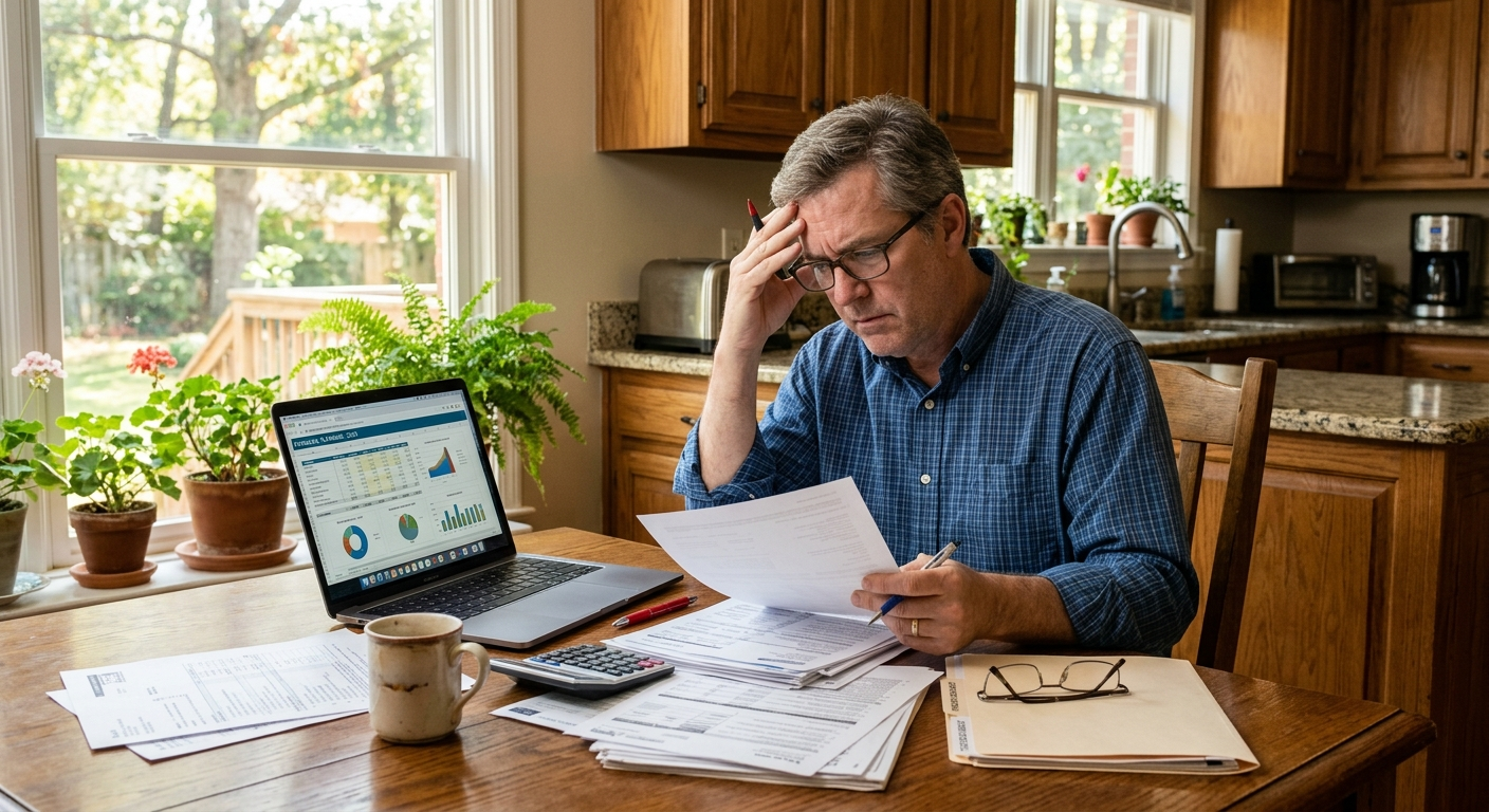 A man reviewing insurance documents at a kitchen table in a North Alabama home, natural light from a window