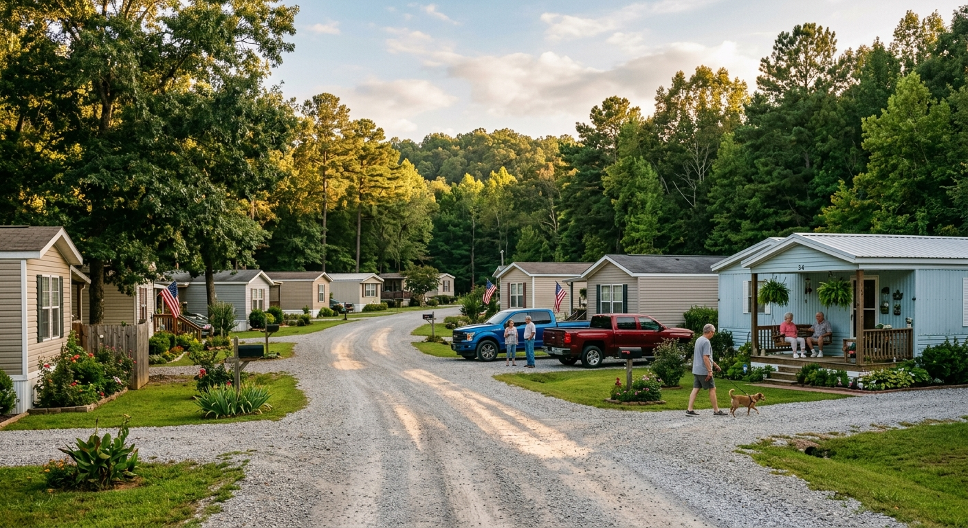 Double-wide manufactured home with green lawn on a clear Alabama afternoon, blue sky overhead