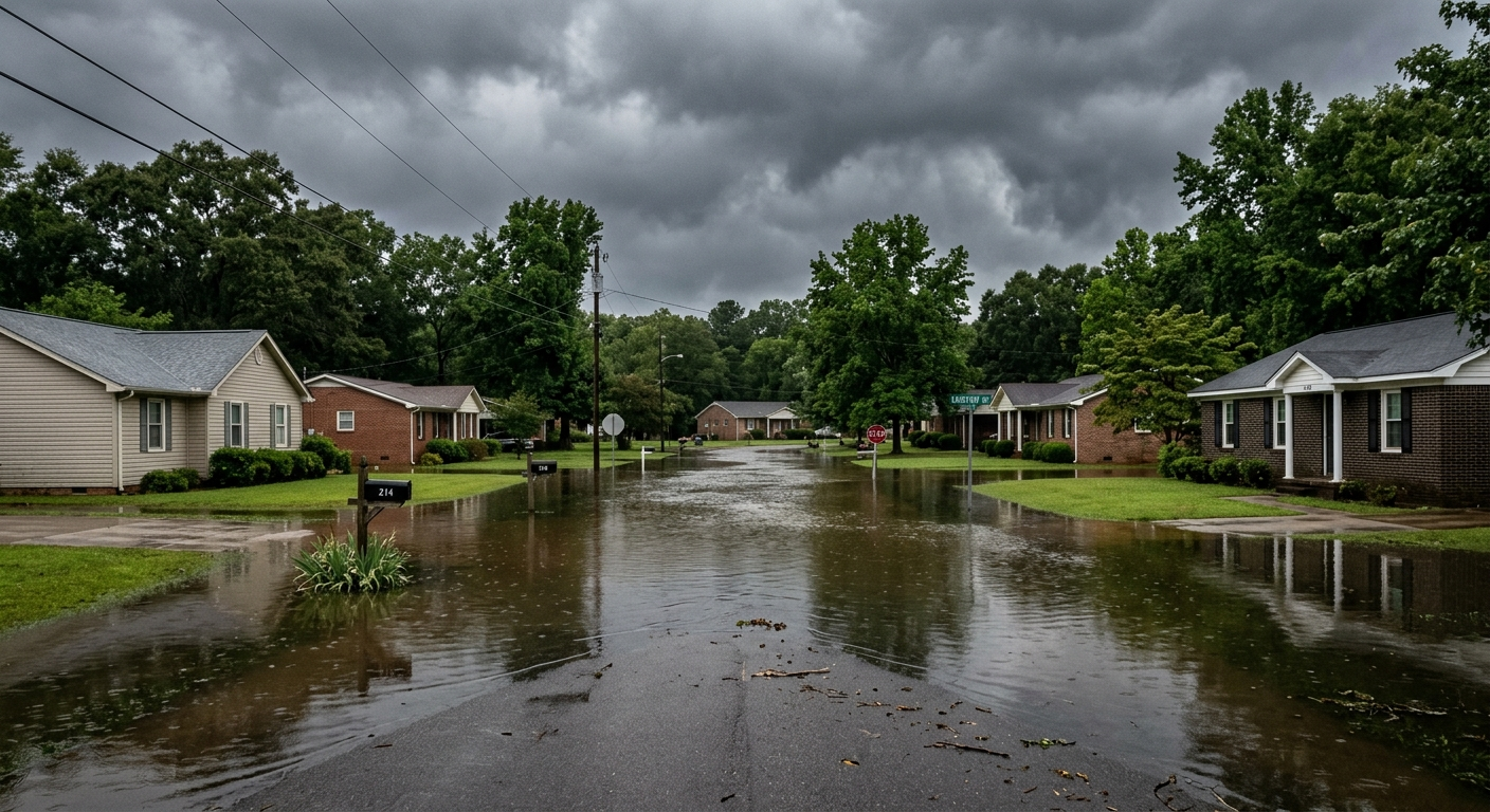 Floodwater rising along a residential street in a North Alabama neighborhood after heavy rainfall