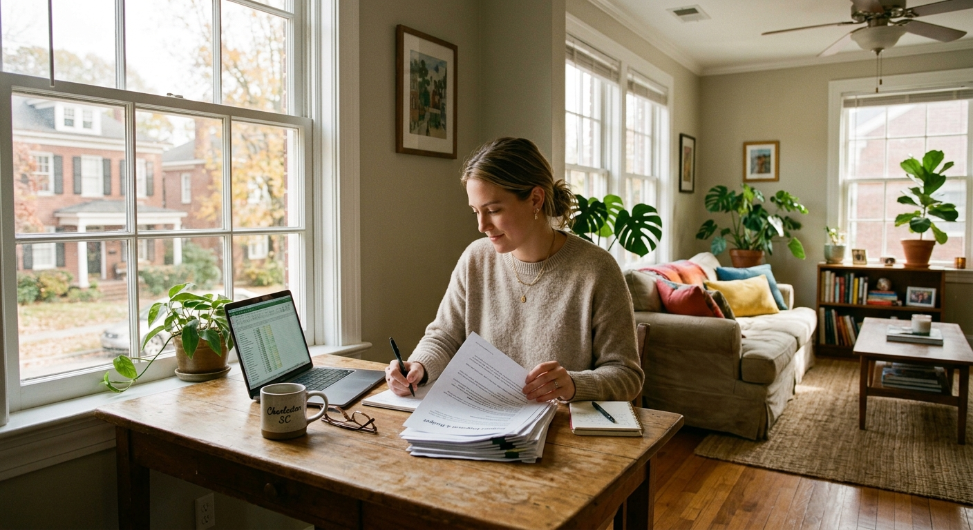 Young woman sitting on a couch in a Cullman Alabama apartment reviewing renters insurance documents on a laptop