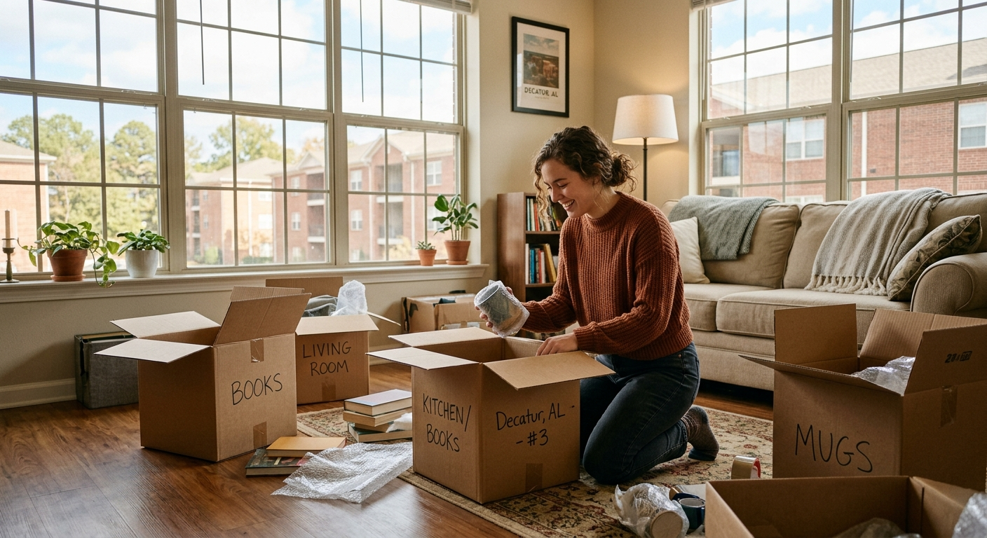 Young woman reviewing insurance documents at a kitchen table in a modern Decatur Alabama apartment