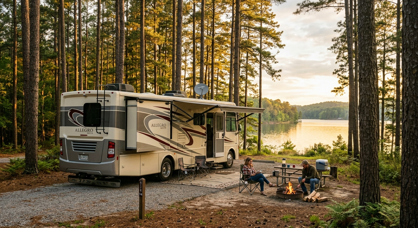 A large Class A motorhome parked at a campsite in Alabama with trees and blue sky in the background