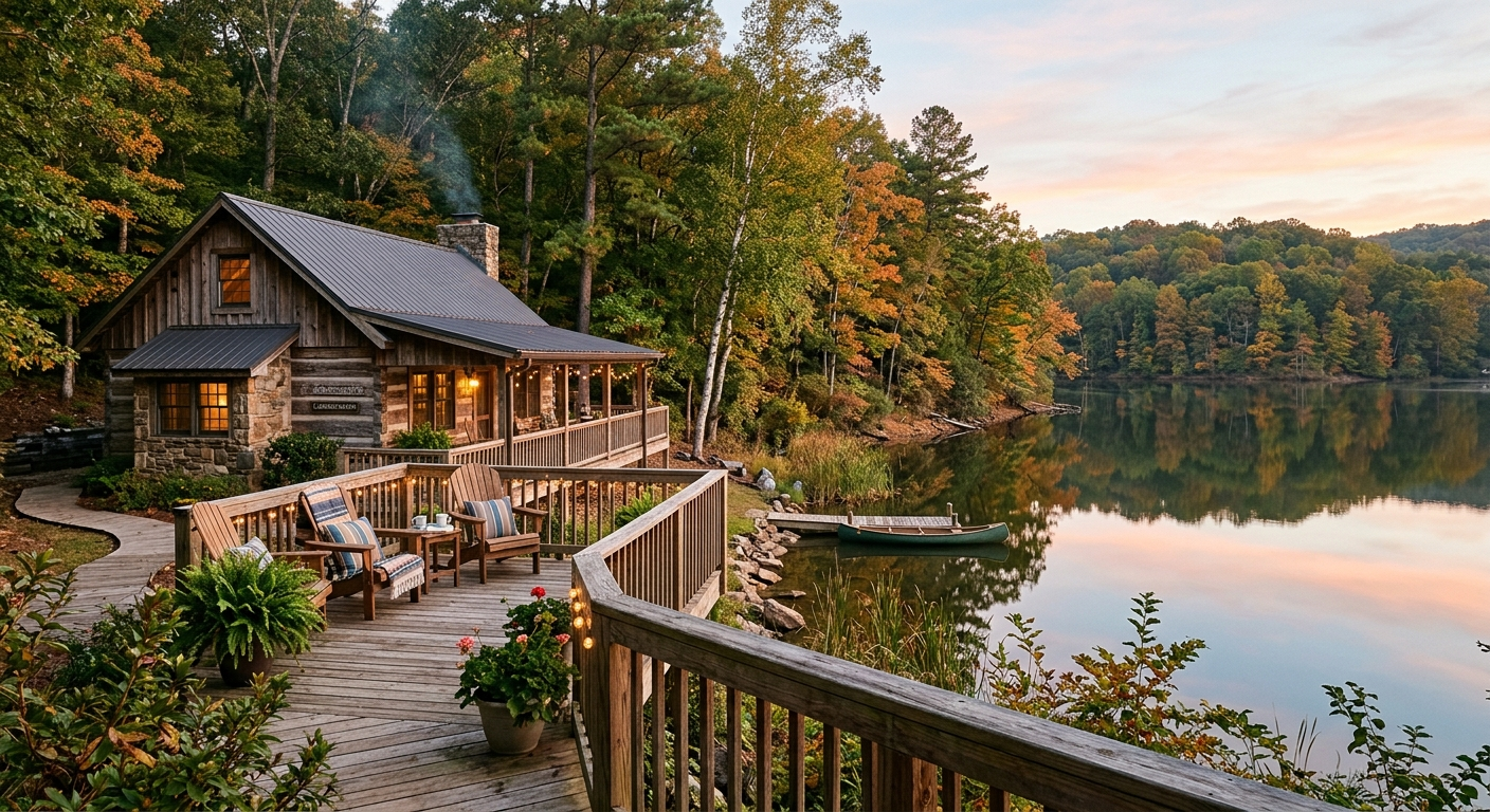 Cozy Alabama vacation cabin rental with a covered porch and wooden rocking chairs surrounded by trees
