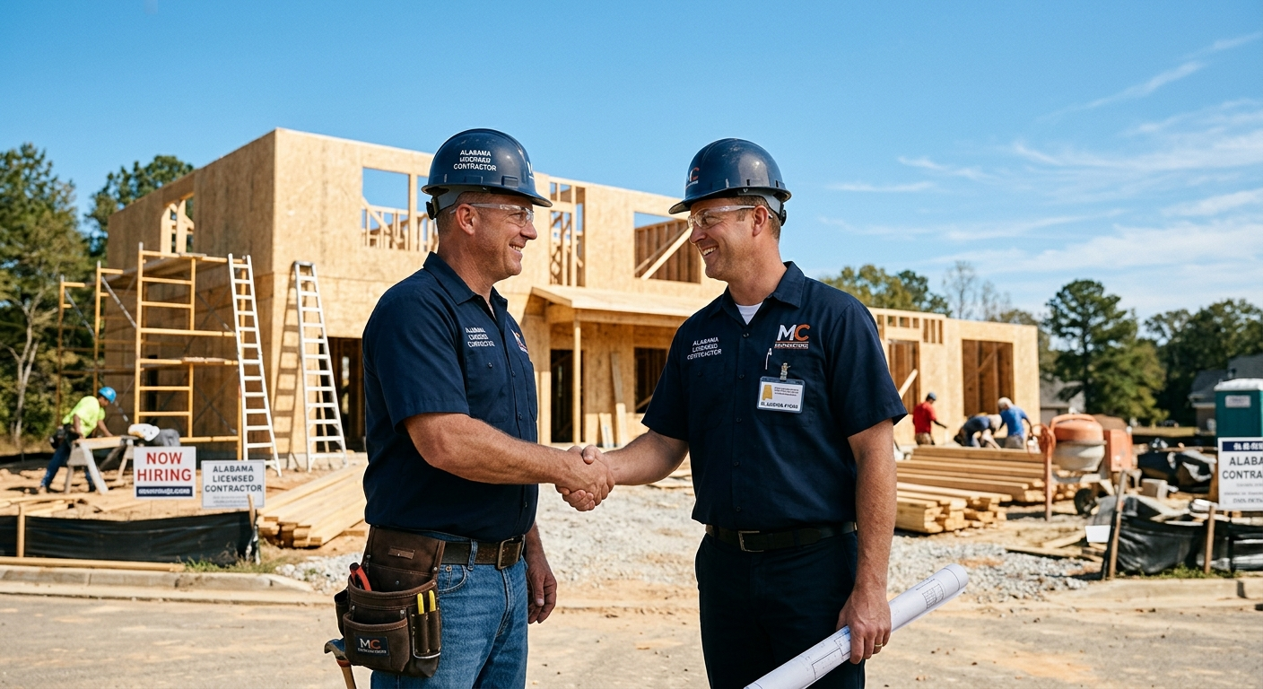 Alabama contractor in a hard hat reviewing blueprints at a job site with building frame in background