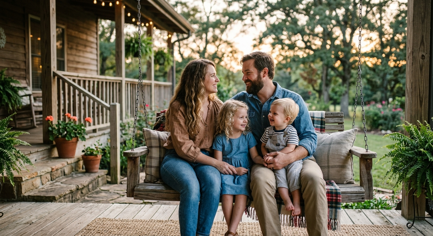 A family of four sitting at a kitchen table reviewing life insurance documents with a local insurance agent in North Alabama