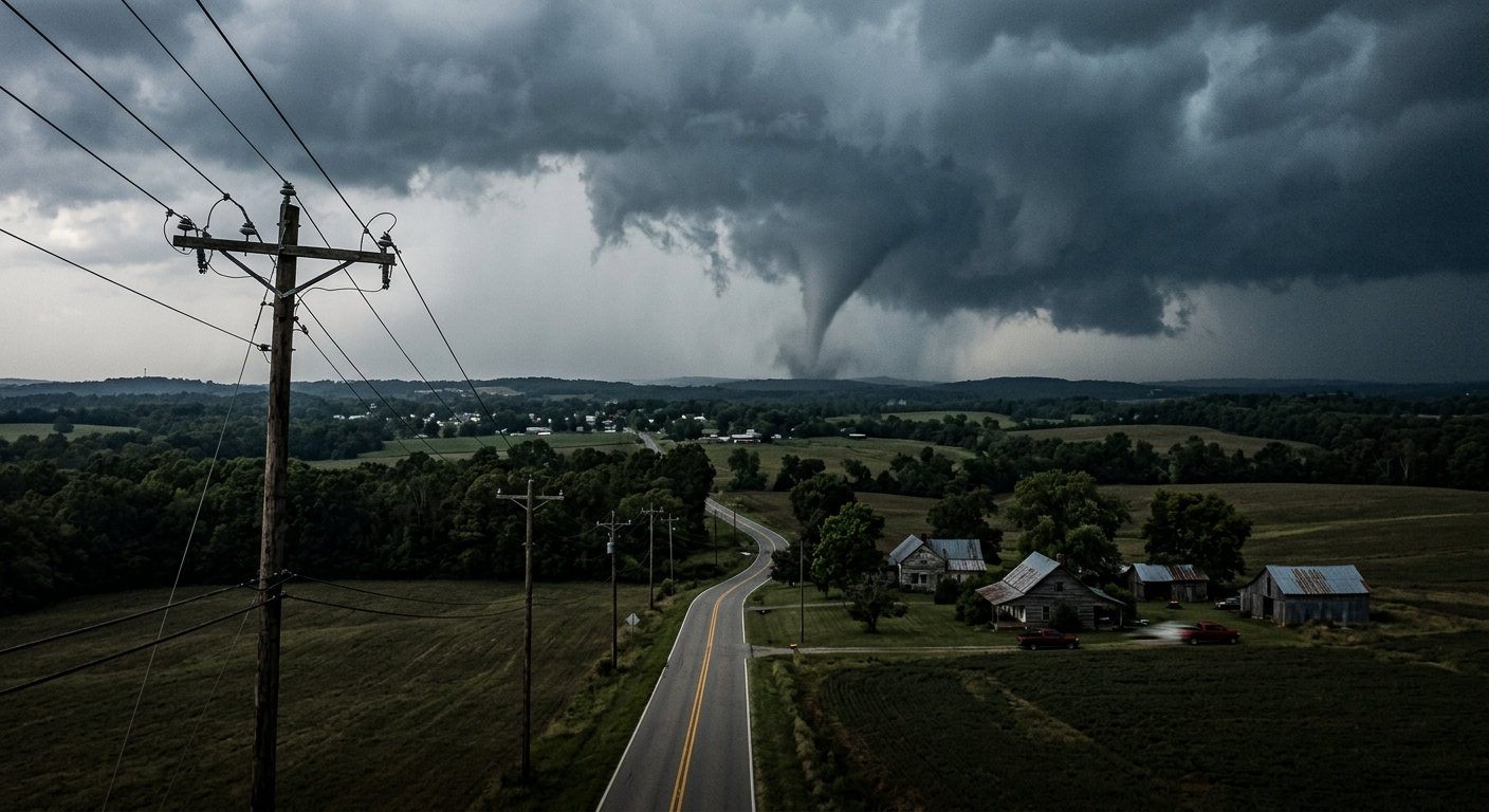 Aerial view of tornado damage to a residential neighborhood in Alabama with debris scattered across rooftops and yards