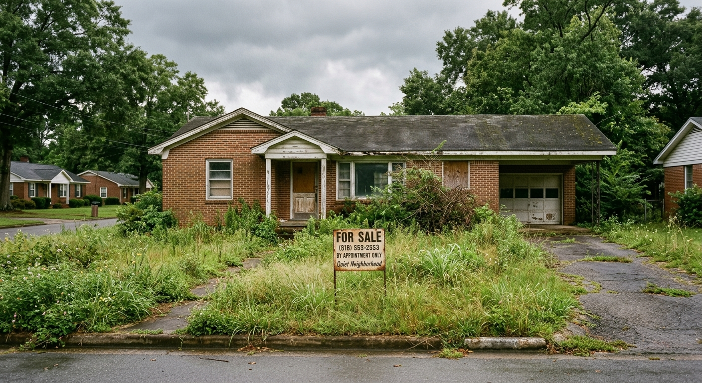 Empty two-story Alabama home with overgrown yard and a 