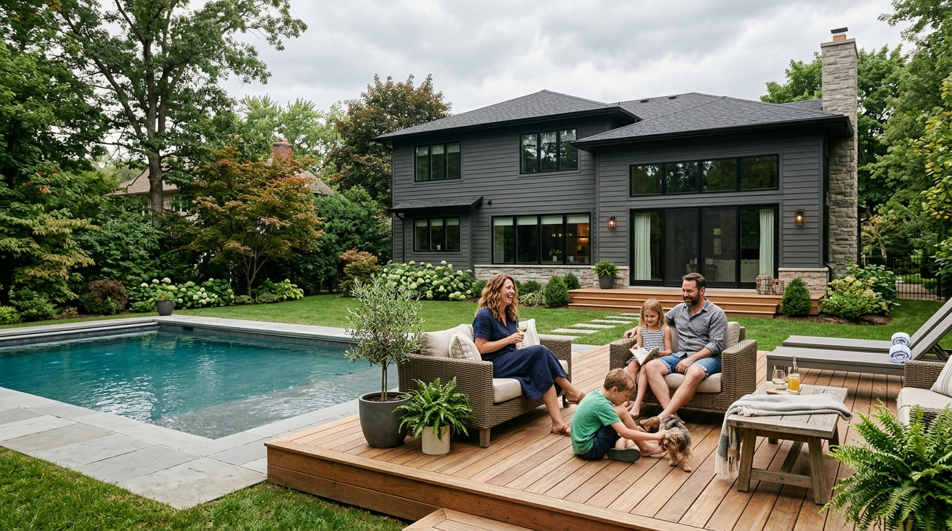 A family home in northern Alabama on a sunny afternoon, with a car parked in the driveway and a backyard with a swimming