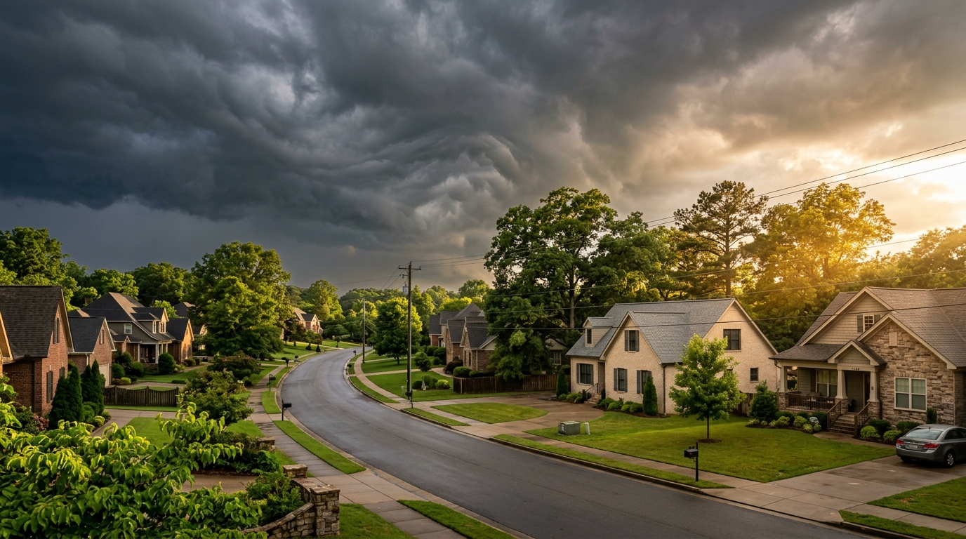 Aerial view of a North Alabama neighborhood with tornado damage to rooftops and scattered debris across residential yards