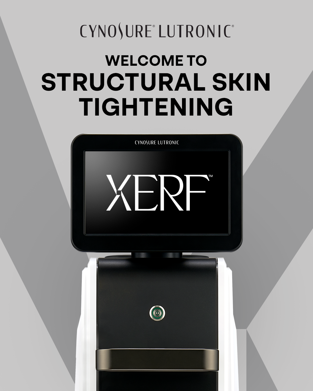Cynosure Lutronic ad for structural skin tightening, showing a XERF device on a gray background.