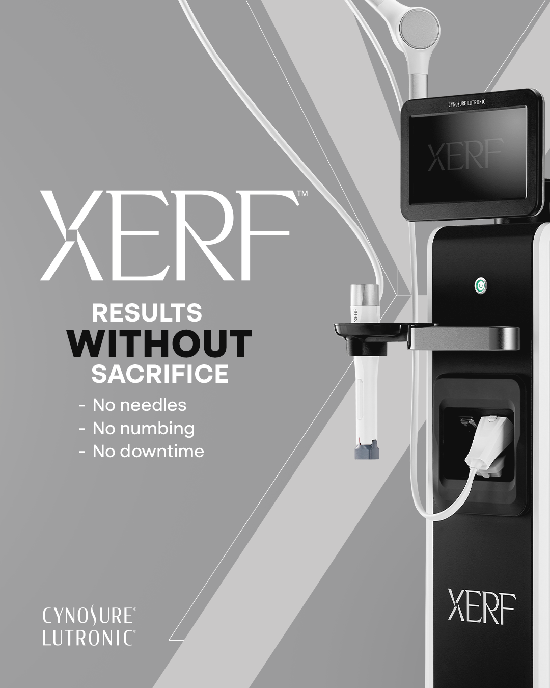 XERF beauty device ad with slogan “Results without sacrifice” and bullet points on a gray background