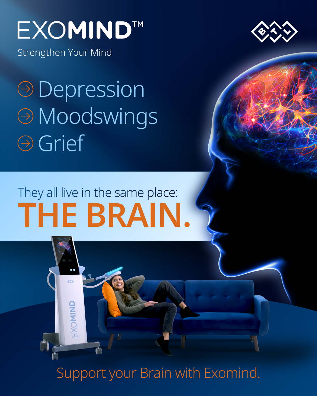 Exomind ad with brain scan, couch, and text about depression, moodswings, and grief.