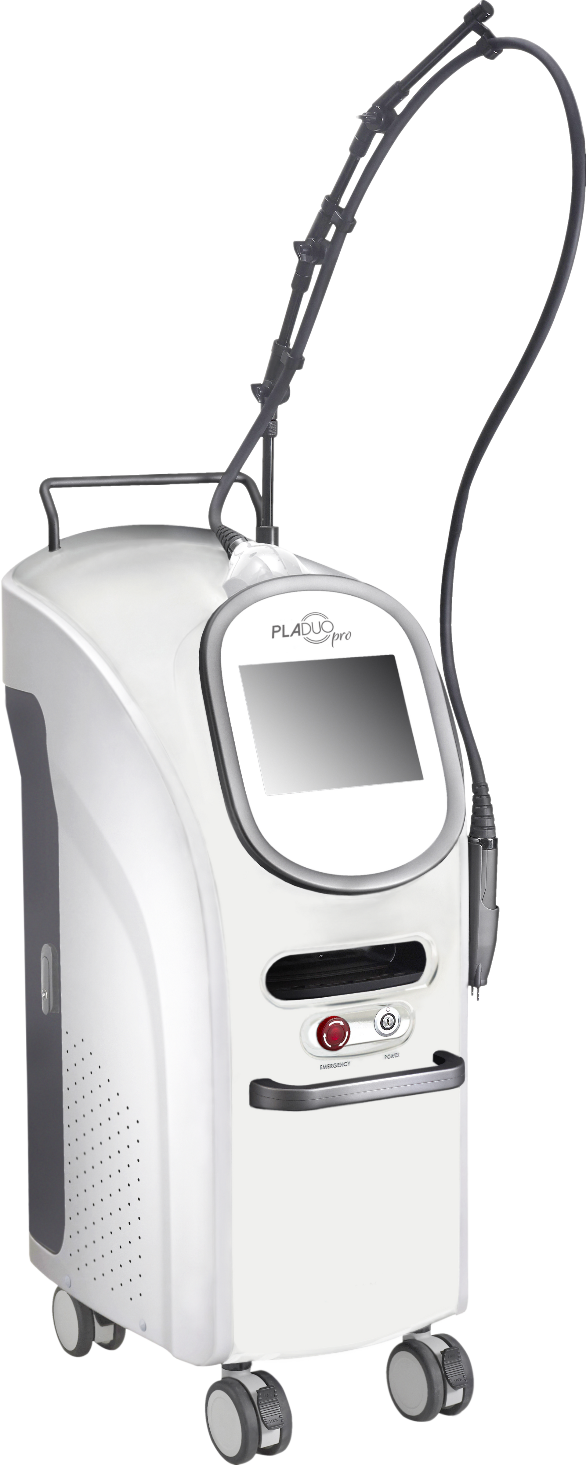 Medical device on wheels with an articulated arm and a screen. White and silver with black accents.