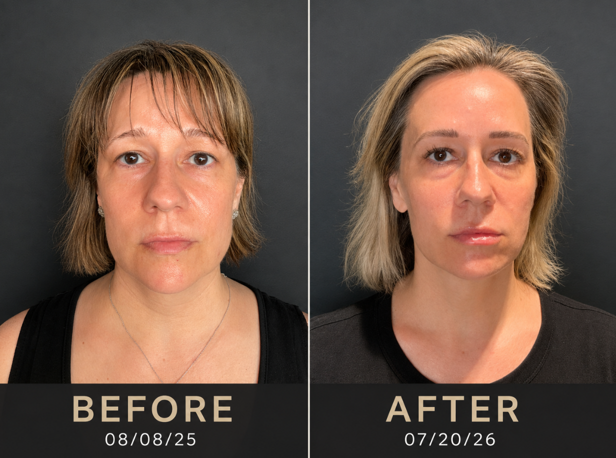 Side-by-side before-and-after portrait photos of the same person against a gray backdrop.