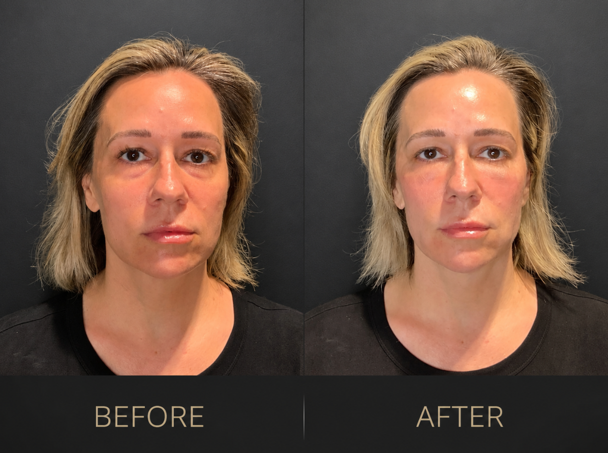 Side-by-side face comparison labeled “Before” and “After,” with lighter skin tone in the after image.
