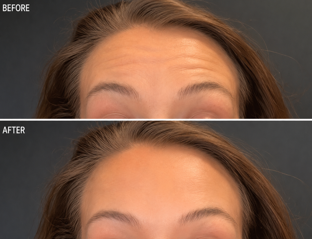 Before-and-after close-up of a forehead with fewer visible wrinkles after treatment